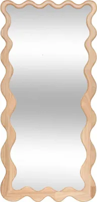 A full-length mirror with a wavy wooden frame.