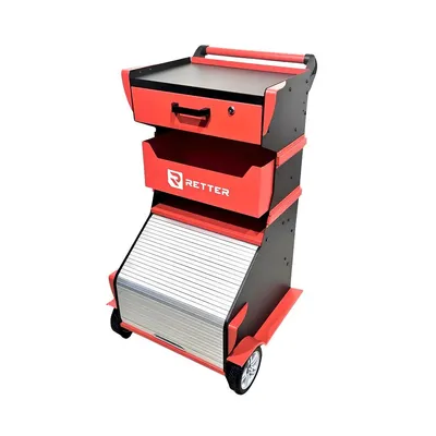 A red and black tool cart with a silver roll-up door, shown from a three-quarter angle against a white background.