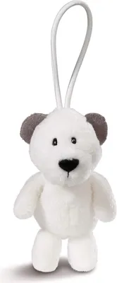 A white plush polar bear toy with gray ears and a white loop for hanging.