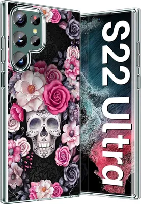 Obrázok produktu pre Puzdro pre Samsung Galaxy S22 Ultra Čierna Ružová Kvety Ruže Lebka Ochrana