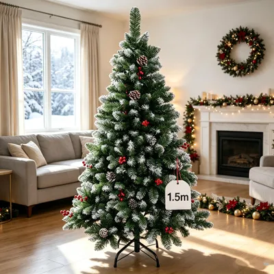 Produktbild von 150cm Künstlich Weihnachtsbaum,Tannenbaum mit Schnee-Effekt,mit 20 Tannenzapfen und 20 rote Beere,realistische Weihnachtsbäume für Zuhause,Büro (Grün)