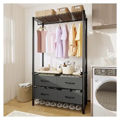 Produktbild von Offener Kleiderschrank mit 4 Schubladen, Metall Garderobenständer mit Kleiderstange, Stabiler Kleiderständer für Schlafzimmer & Ankleidezimmer, 90x40x180cm, Schwarz