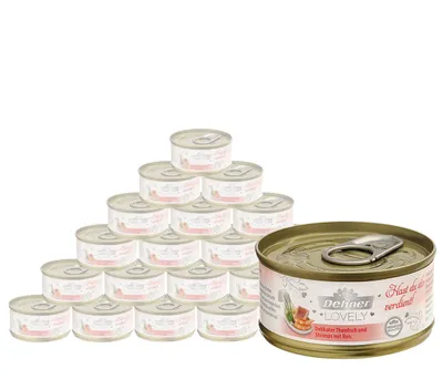 Produktbild von Dehner Premium Lovely Katzenfutter, Nassfutter glutenfrei, für ausgewachsene Katzen, Thunfisch / Shrimps / Reis, 24 x 70 g Dose (1.68 kg)
