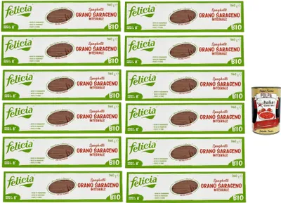 Produktbild von Felicia Spaghetti di Grano Saraceno Integrale,Pasta mit 100% Buchweizen, Natürlich Glutenfrei,Packung mit 12x 340g + Italian Gourmet Polpa di Pomodoro 400g Dose