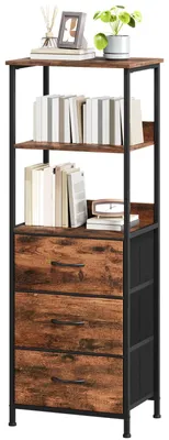 Bücherregal mit 3 Stoffschubladen, 30x42x115 cm, Holzmaserung