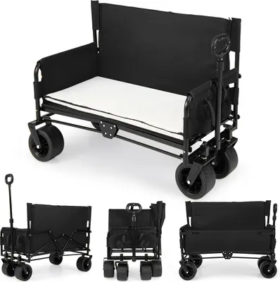 A collage of images showing a black foldable wagon with a white seat cushion, from different angles and in different states of assembly/folding.