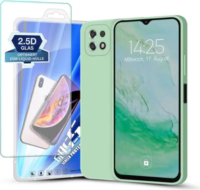 Produktbild von Hülle für Samsung Galaxy A22 5G mit 9H Displayglas Displayschutz Plus Case Cover Bumper Silikon Softgrip Schutzhülle Farbe: Türkis