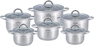 Imagen del producto de Juego de ollas de 12 piezas, de acero inoxidable con tapas de vidrio, apto para todo tipo de cocinas, color plateado
