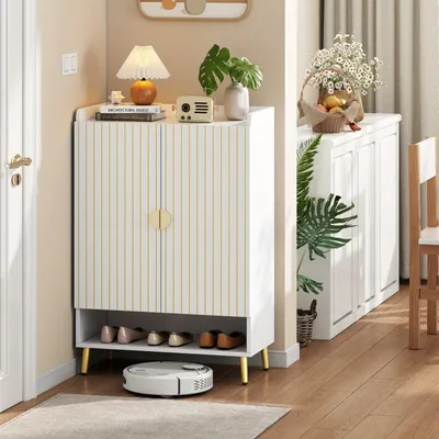 Image de Armoire à chaussures - Rangement à chaussures - Étagère à chaussures - Meuble à chaussures - Armoire à chaussures blanche - Tiroir ouvert à 3 niveaux
