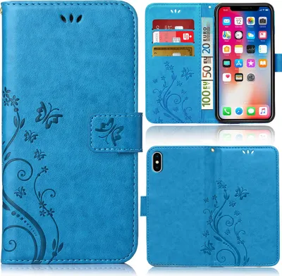 Collage of a blue flip phone case with a floral and butterfly design, showing the case open with cards and money, and closed from the back.