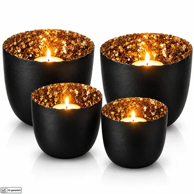 Produktbild von Teelichthalter 4er Set Windlichter Pailletten Gold Schwarz Tischdeko Metall
