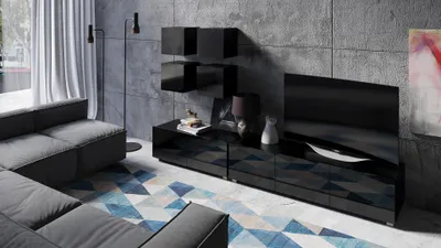 Produktbild von Wohnwand CALABRINI-18 Wohnzimmer-Set Hängewohnwand Schrankwand Schrank TV-Schrank Moderne Anbauwand Hochglanz (Schwarz)