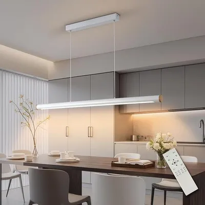 Zdjęcie produktu dla Lampa wisząca, ściemniana, 100 cm, biała, z pilotem, 38W, 3800lm. Nowoczesna, liniowa lampa wisząca do jadalni, regulacja wysokości, idealna do jadalni, kuchni, biura i kuchni z wyspą