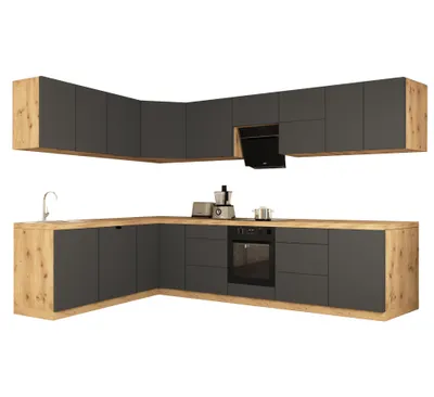 Produktbild von Winkelküche 320 x 200 cm Einbauküche mit Herdumbauschrank L-Küche Küchenblock Ohne Arbeitsplatte, Langen KL15-M320,Grau/Matt