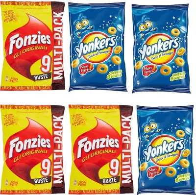 Produktbild von 3x Fonzies Maissnack mit Käse 9 Portionstüten á 23g chips + 3x Yonkers 8 Portionstüten á 120g Käsechips