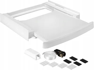 A white washing machine connecting frame with a pull-out shelf and accessories shown below.
