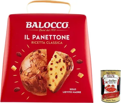 Produktbild von Balocco Il Panettone Classico 750 g – italienischer Weihnachtskuchen mit Rosinen & kandierten Früchten – nur Lievito Madre, weich & duftend – Geschenkverpackung – Italien + Italian Gourmet polpa 400g