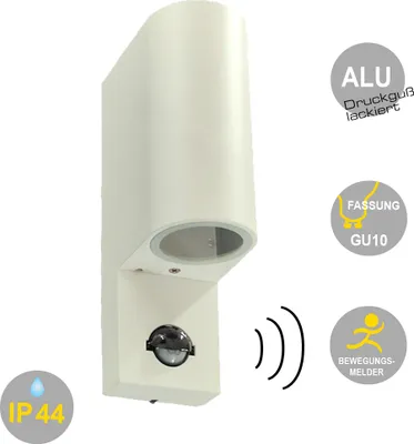 A white outdoor wall light with a motion sensor is shown against a white background, with several informational icons and text overlays.