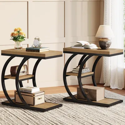 Image de Table d'appoint en forme de C avec 3 étagères, table de chevet étroite avec espace de rangement, aspect bois, style industriel, 58,42 x 60 x 30 cm, couleur naturelle