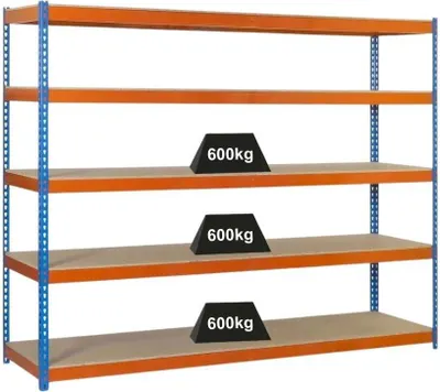 Produktbild von PROREGAL Schwerlastregal WOOD BEAST FIVE | HxBxT 200x150x45cm | 5 Ebenen | Fachlast 600kg | Blau-Orange | Weitspannregal Werkstattregal Lagerregal Kellerregal Gargenregal