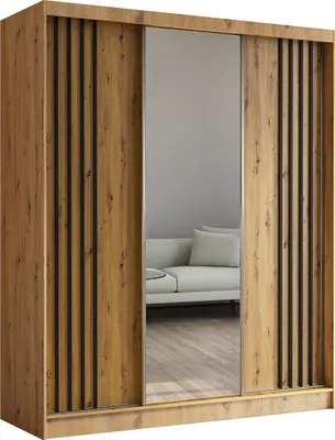 Produktbild von ALTDECOR Kleiderschrank mit Spiegel und Schiebetüren, kugelgelagerte Führungsschienen und Aluminium-Leisten, LED-Beleuchtung (16 Farben) und Fernbedienung - NALLA - 180 cm (Artisan + Artisan + Schwarz)
