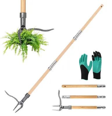 Image de Extracteur de mauvaises herbes à 4 griffes et à manche en bambou, longueur 111 cm