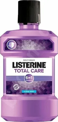 A bottle of Listerine Total Care Clean Mint mouthwash.