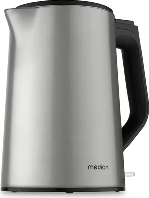 A studio shot of a silver electric kettle on a white background.