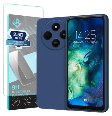 Produktbild von Hülle für Xiaomi Redmi 14C mit 9H Displayglas Displayschutz Case Cover Bumper Smartphone Softgrip Schutzhülle Farbe: Blau