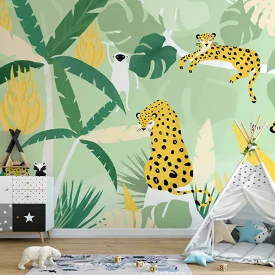 Produktbild von Selbstklebende Folie Fototapete - Cheetahs in the jungle - landscape with animals in the tropics for children 294x210 cm Für Kinder e-A-10020-a-a