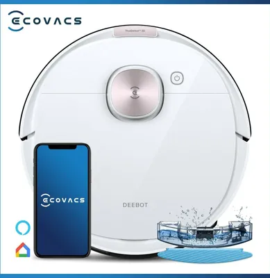 A white Ecovacs Deebot robot vacuum cleaner is shown from a top-down diagonal view, with a smartphone displaying the Ecovacs app next to it. Accessories like a mopping pad and water tank are also visible.