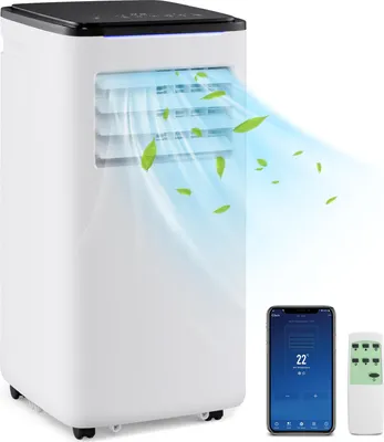 A white portable air conditioner is shown with blue air and green leaves flowing out of the vents, suggesting cooling. A smartphone displaying a temperature of 22 degrees and a remote control are placed next to the air conditioner.