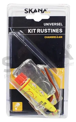 Produktbild von Reparaturset für Fahrradschlauch. Enthält 4 Patches mit ø 20 mm und 1 Patch von 45 x 25 mm. Mit Kleber und Papierabdeckungen geliefert