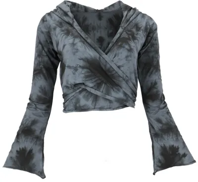 Produktbild von Wickeltop, Yogatop, Langarmshirt mit Trompetenärmeln - Batik/grau, Damen, Schwarz, Elasthan,Baumwolle, Größe: M