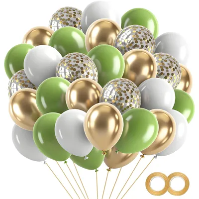 Productafbeelding van Set van 60 latexballonnen, groen, goud, wit, met confetti, diameter 30 cm