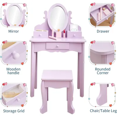 Produktbild von Kinderschminktisch für Mädchen - Mit Spiegel - Hocker inklusive - Schublade und Aufbewahrungsboxen - Für 3–6-Jährige - Holzrahmen - Lila