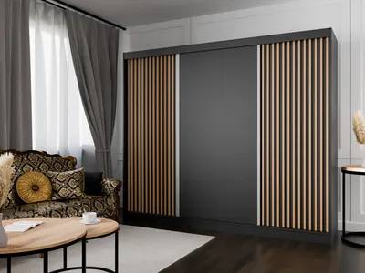 Produktbild von Kleiderschrank Lili mit Lamellen 250 cm inklusive 3 Schiebetüren Schwebetürenschrank Kleiderstange Garderobe Schrank Lieferung bis in die Wohnung (Farbe: schwarz, schwarz, Lamelle wotan)