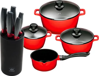 Produktbild von 10tlg. KING Vorteilsset ROT: 4tlg. Kochtopfset Aluguss Rot, 3xKochtöpfe in Ø16,Ø20,Ø24cm, 1xStieltopf Ø16cm + 6tlg. Messerset KING® CARBON RED LINE