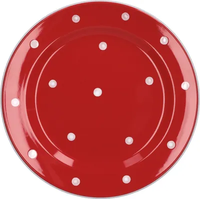 A red plate with white polka dots, shown from a top-down view.