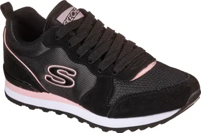 A studio shot of a single black Skechers sneaker with pink accents.