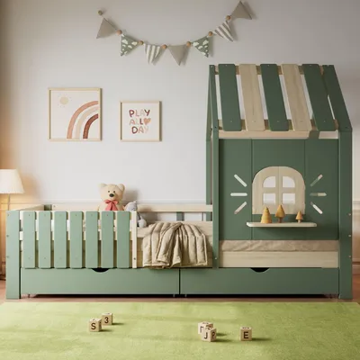 Produktbild von Hausbett Kinderbett 90x200 cm mit Dach, Fenster, Fensterbank, 2 Schubladen und Sicherheitsgitter, Kinderbett mit Stauraum, Kiefer/MDF, Grün/Natur