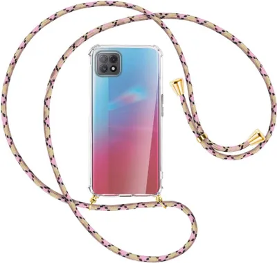 Produktbild von Handykette Backcover-Schutzhülle mit Band (Metall goldfarben) für Oppo A73 5G - rosa Karo