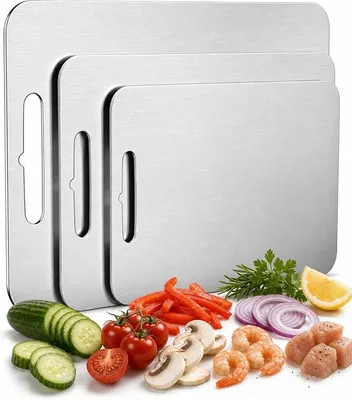 Produktbild von PolkaHome® 3-teiliges Titan-Schneidebrett-Set, 304 Edelstahl, doppelseitig, rutschfest, für Küche, Outdoor, Camping, 29x20/34x23/39x28 cm