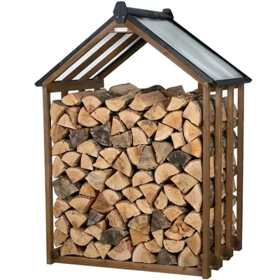 Productafbeelding van WONDERMAKE® Design houten rek voor houtblokken met dak, rek voor het opslaan van hout, houtopslagrek, houtrek, opslag voor houtblokken, houtopslag voor de kachel, kleur: bruin, zwart