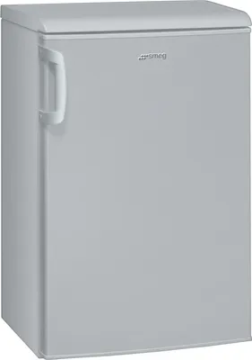 A silver Smeg refrigerator with a handle on the left side.