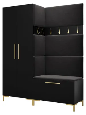 Produktbild von MIRJAN24 Garderoben-Set Zilion I, Garderobe mit 4 Stück Gepolstertes Wandpaneel Pag 84x42 und 3 Stück 42x42 (Schwarz + Gold, Polo 897)