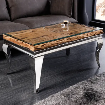 Produktbild von riess-ambiente Design Couchtisch MODERN BAROCK 100cm natur chrom Teakholz Edelstahl Glasplatte Beistelltisch Tisch
