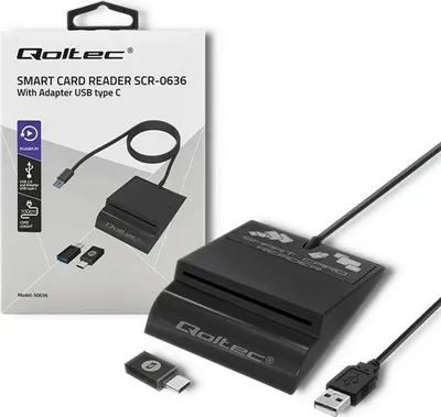 Produktbild von Qoltec Smart Chip ID-Kartenleser SCR-0636 | USB 2.0 + USB-C Adapter