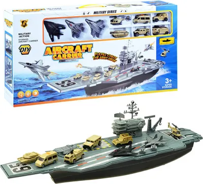 A toy aircraft carrier with miniature vehicles and aircraft, shown both on its packaging and as a standalone toy.