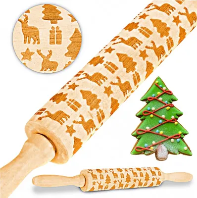 Produktbild von Weihnachtlich gestalteter, gravierter Nudelholz aus Holz für Lebkuchen